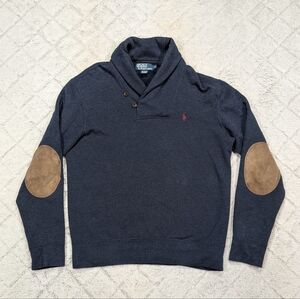 Polo Ralph Lauren Sweater Mens M Blue Shawl Collar Elbow Pads Cotton Preppy